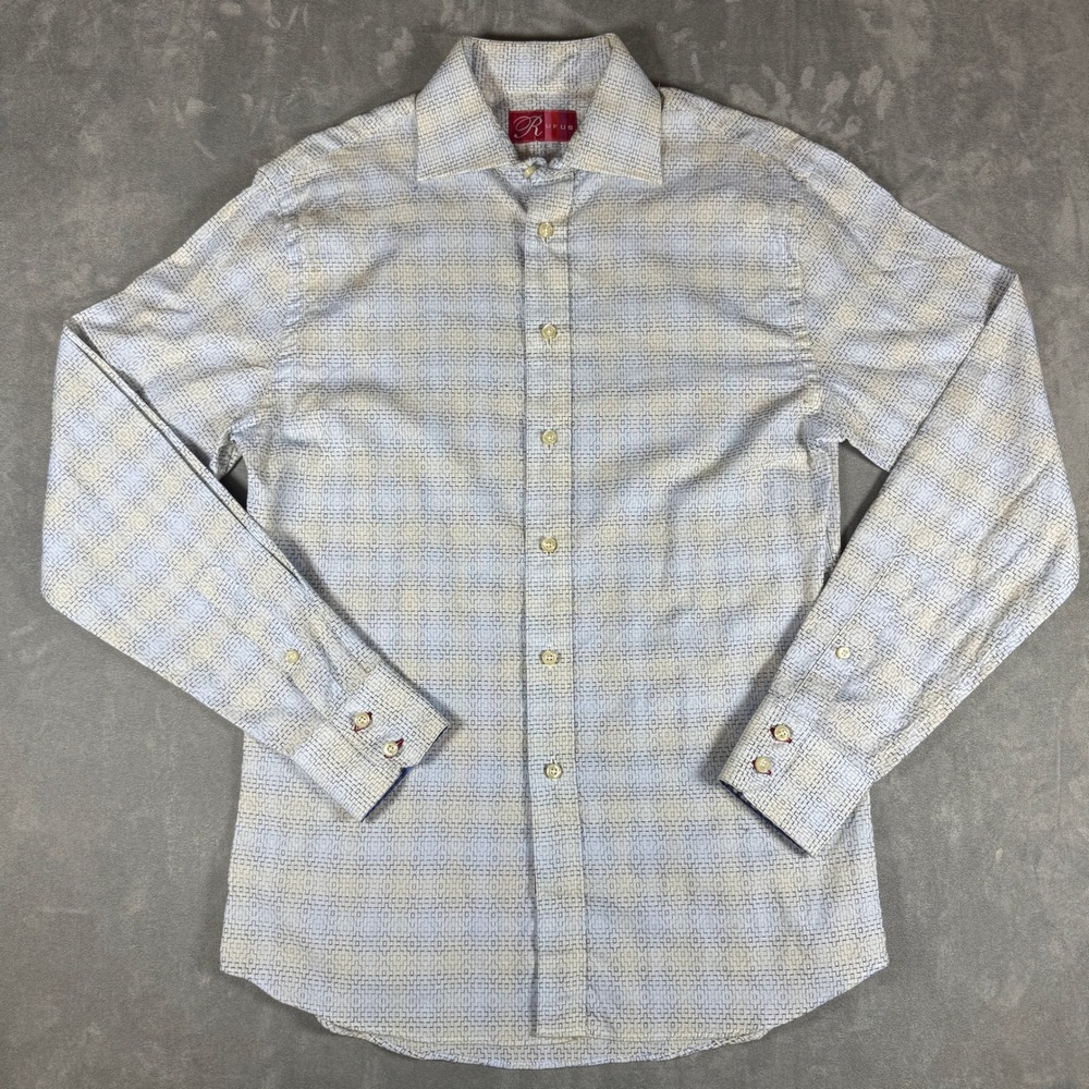 Rufus Mens Small Blue Tan Geometric Cotton Button-Up Shirt Made in USA Excellent